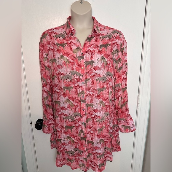 Jane And Delancey Women's Long sleeve Tunic Top Size L Cheetah Button Up #1622 - Picture 3 of 11